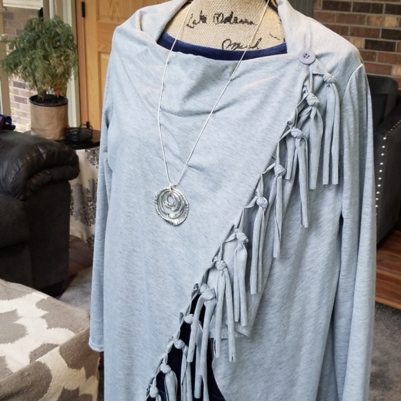 Wrap, Shawl, Poncho with Fringe, Gray, OSFA - Picture 8 of 8